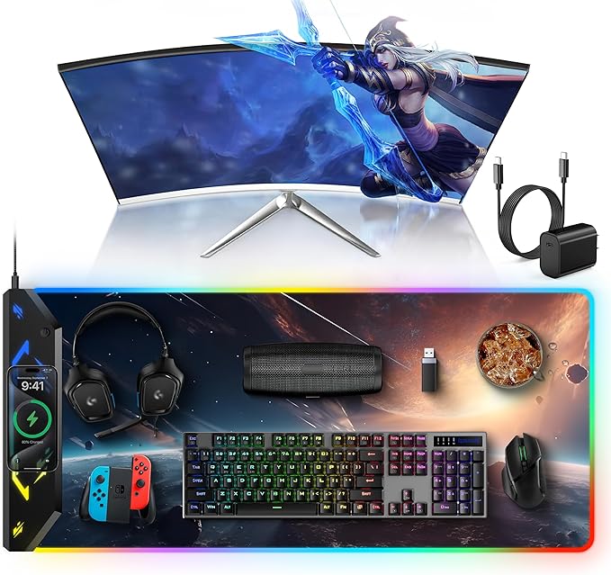 TopMade Wireless Charging Mouse Pad RGB Gaming Mousepad 35.4 x 15.8 Extra Large Waterproof Keyboard Desk Pad Computer Desk Mat Cosmic Planet (Includes 20W PD Power Adapter &amp 6.56ft Woven Cab
