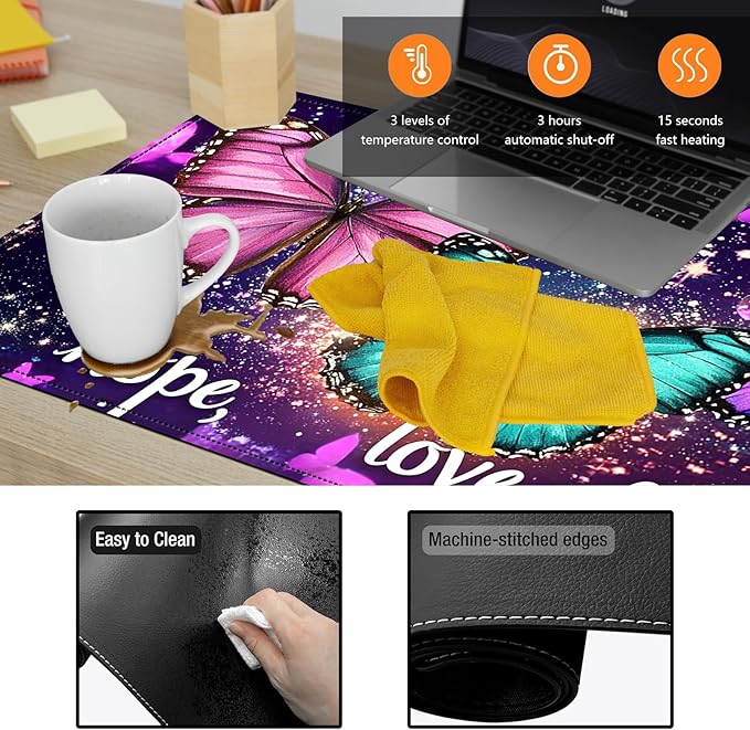 Heated Mouse Pad - 3 Temperature Settings (86°F–122°F)Auto Shut OffLarge 31.5x13 Inch PU Leather Desk Mat for OfficeGamingCold Hands ReliefPurple Butterflies