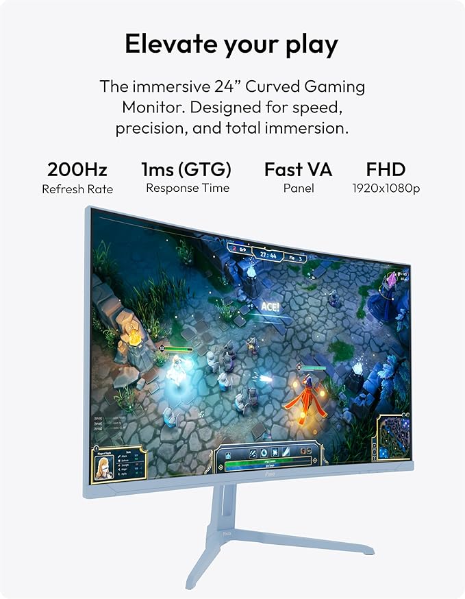 Pixio PXC248WAVE Blue 24 inch 200Hz Refresh Rate FHD 1080p Resolution 1500R Curve Fast VA Panel 1ms GTG Response Time HDR Curved Gaming Monitor and PS1S Wave Blue Single Monitor Arm - Fits up to 32 in