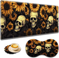 Large Game Mouse Pad + Wrist Support Pad + Coffee Coaster Desk Pad with Sewn Edges Anti-Slip Set pad Suitable for Office Work and Home - Sunflower Skull