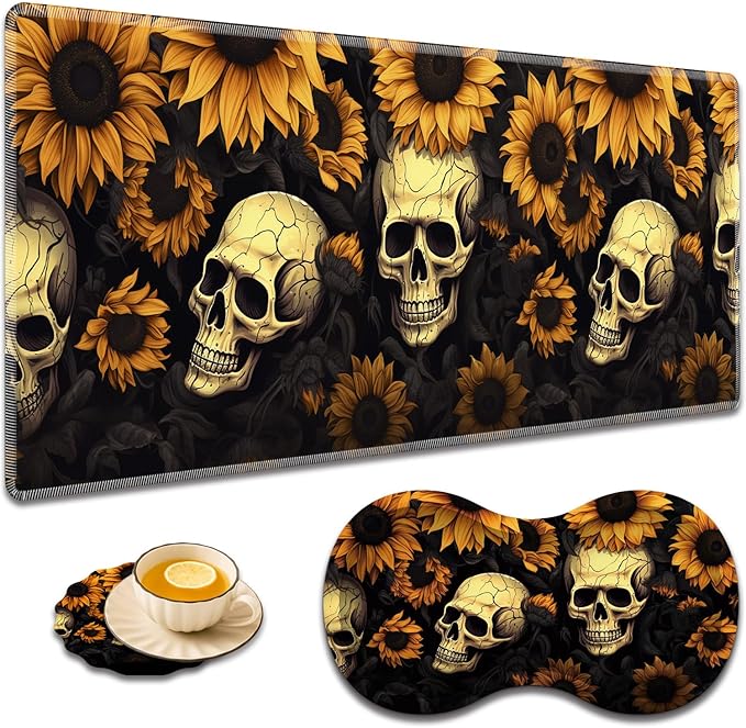 Large Game Mouse Pad + Wrist Support Pad + Coffee Coaster Desk Pad with Sewn Edges Anti-Slip Set pad Suitable for Office Work and Home - Sunflower Skull