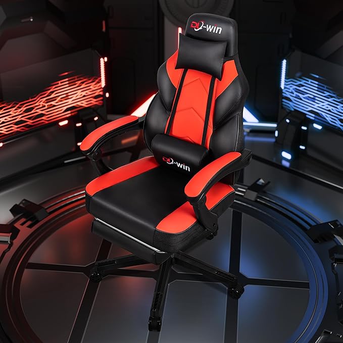Gaming Chair Office Chair with Footrest and Lumbar Support Height Adjustable Game Chair with 360°-Swivel Seat and Headrest and for Office or Gaming (Deep Red)