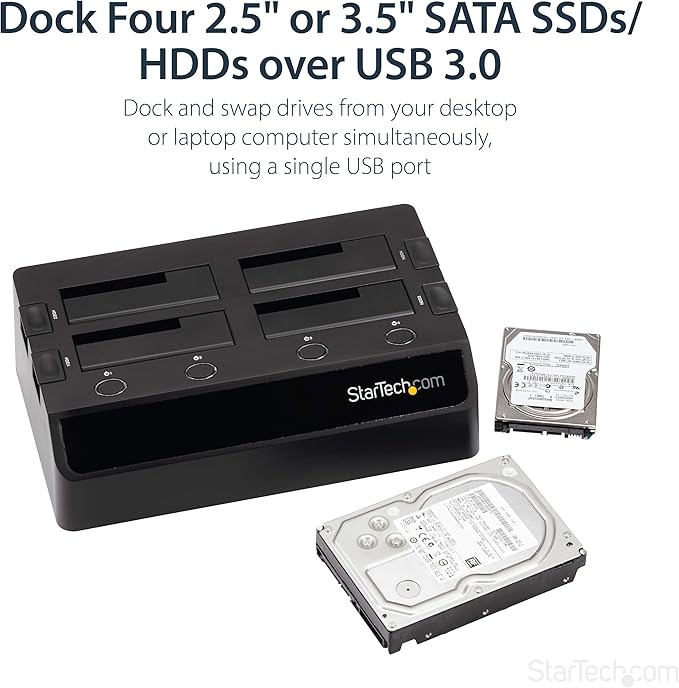 StarTech.com 4-Bay USB 3.0 To SATA Hard Drive Docking Station USB Hard Drive Dock External 2.5/3.5 SATA III SSD/HDD Docking Station Hot-Swap Hard Drive Bay Top-Loading (SDOCK4U33)Black