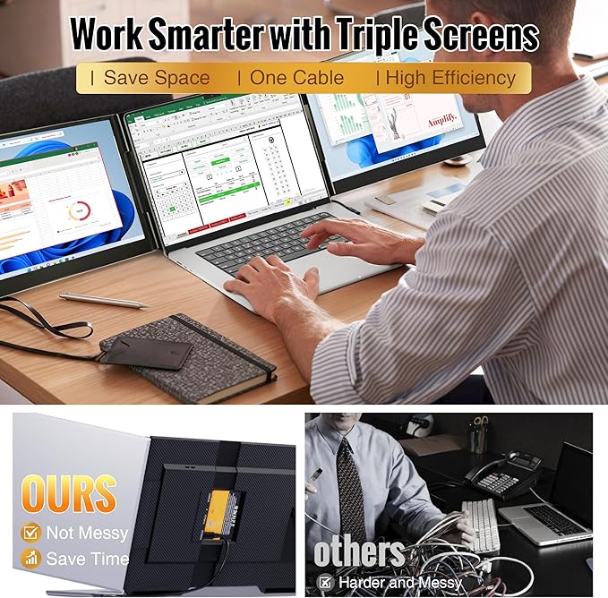 One Cable Connection Laptop Screen Extender Monitor Portable Ultra Thin 15.6 1080P FHD Triple ScreenFit for 13-17 Laptop Plug &amp Play Compatiable with Win/Mac/Chrome/Android
