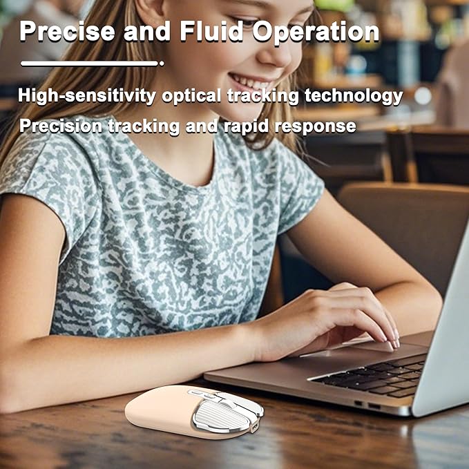 Wireless Mouse Bluetooth Cute Ultra Slim Silent Computer Mice with USB Receiver Dual-Mode 2.4G &amp Bluetooth Rechargeable Portable USB Cordless Mouse for Laptop PC Tablet Kids Adults Gift Milk Tea