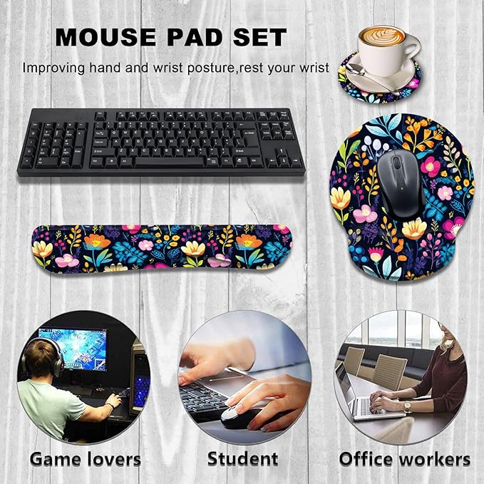 Keyboard Wrist Rest and Mouse Wrist Rest Pad with Cup CoasterMade of Memory FoamErgonomic SupportEasy-Typing and Pain Relieffor Gaming Office Home ComputerBlooming Flower