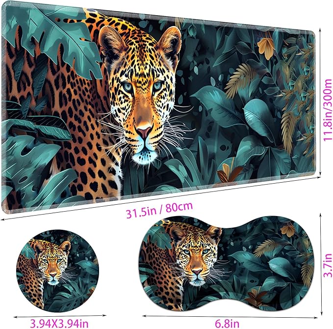 Large Gaming Mouse Pad + Mouse Wrist Rest Pad + Coaster Combination 31.5 x 11.8 Durable Non-Slip Extension Table Mat Suitable for Office and Home Leopard Jungle