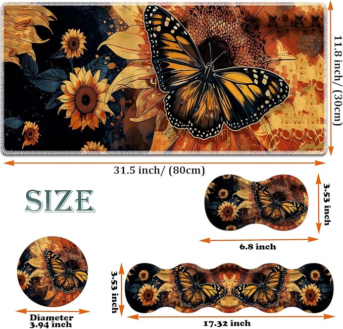 Large Gaming Mouse Pad + Keyboard Wrist Rest + Wrist Support + Coaster Set Memory Foam Ergonomic for Easy Typing XXL Extended Gaming Mouse Pad Table Pad - Sunflower and Butterfly