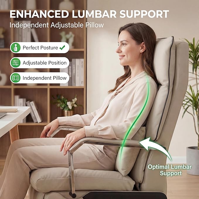 Dual Motor Executive Reclining Office Chair with Footrest – One-Click Electric Recline Massage Lumbar Support &amp Pillow Big and Tall PU Leather Ergonomic Desk Chair for Home Office/Gaming(White)
