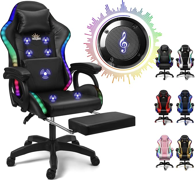 Gaming Chair with LED Lights and Speakers Ergonomic Pro Video Game Chair with Massage and Footrest for Adults Teens and Kids - Perfect for Gaming Office and Working. (Black)