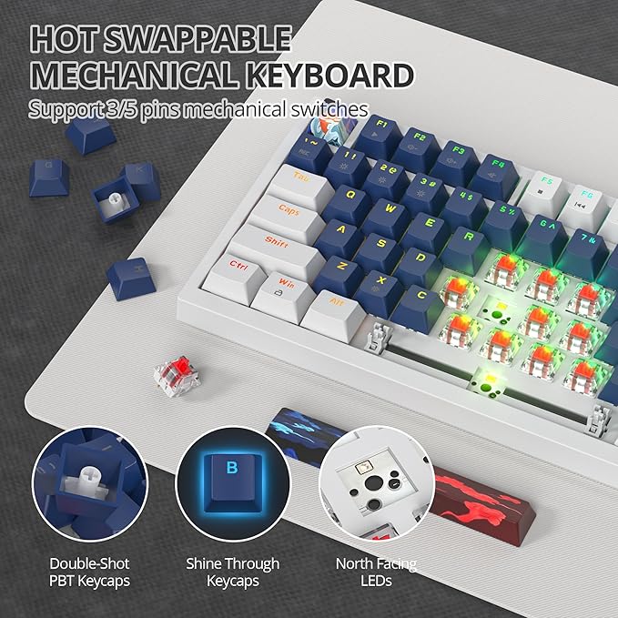 75% Mechanical Gaming Keyboard Hot Swappable RGB Backlit Custom Keyboard with Knob Gasket Mount USB Wired 82 Keys White Blue Linear Red Switch (82 White Blue)
