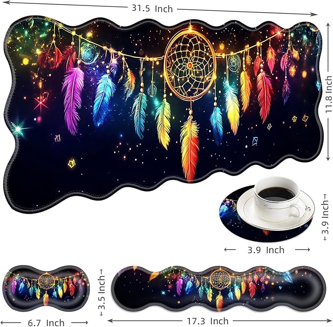 Large Mouse Pad and Keyboard Wrist Rest Desk Pad for Keyboard and Mouse 4-in-1 Large Gaming Mouse Pad with Wrist Support Desk Mat for Home Office Study Game-Colorful Dreamcatcher