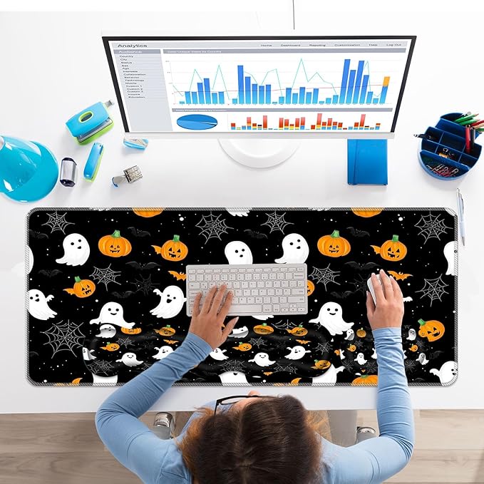 Keyboard Wrist Rest SetMemory Foam Wrist Support Mouse Pad31.5x11.8 Desk Mat for Comfortable Typing &amp Pain ReliefNon-Slip Base for Office &amp Home Use - Pumpkins and Bats