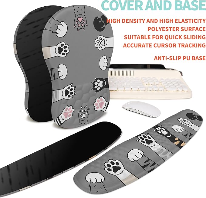2-in-1 Ergonomic Set Wave Rise Keyboard Wrist Rest and Massage Bulge Slope Mouse Pad Wrist Support Cushion Memory Foam Integrated to Relieve Wrist Pain Cute Cat Paws