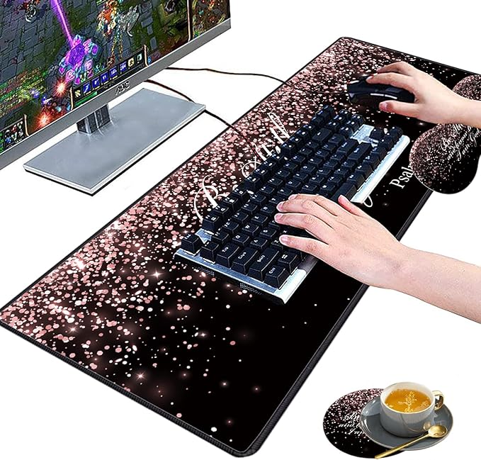 3 Piece Mouse Pad Set with Stitched Edge Large Anti-Slip Mouse Pad Desk Pad Keyboard Pad + Wrist Rest Pad + Coaster Memory Foam Wrist Rest for Office/Home - Rose Gold Glitter Black Psalm46:10