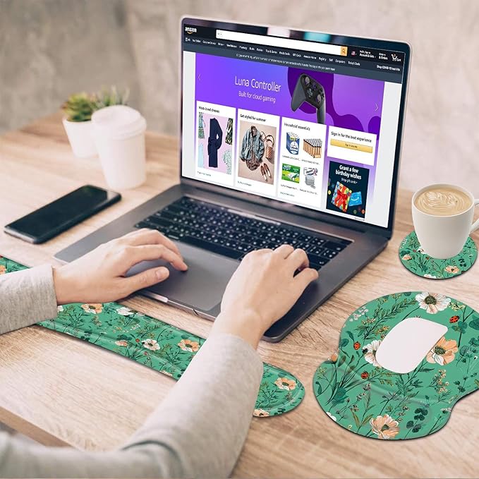 Ergonomic Gel Mouse Wrist Rest Pad and Keyboard Pad SetAnti-Slip PU Bottom Easy Typing and Relieve Wrist Pain with Cute Coaster Set (3-Beautiful Floral)