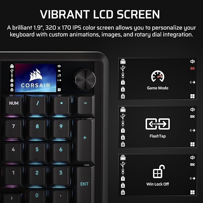 Corsair Vanguard 96 Wired Mechanical Gaming Keyboard – 96% Layout MLX Fusion Tactile Switches 8000Hz Polling LCD Display Virtual Stream Deck G-Keys SOCD Flashtap QWERTY US – Black
