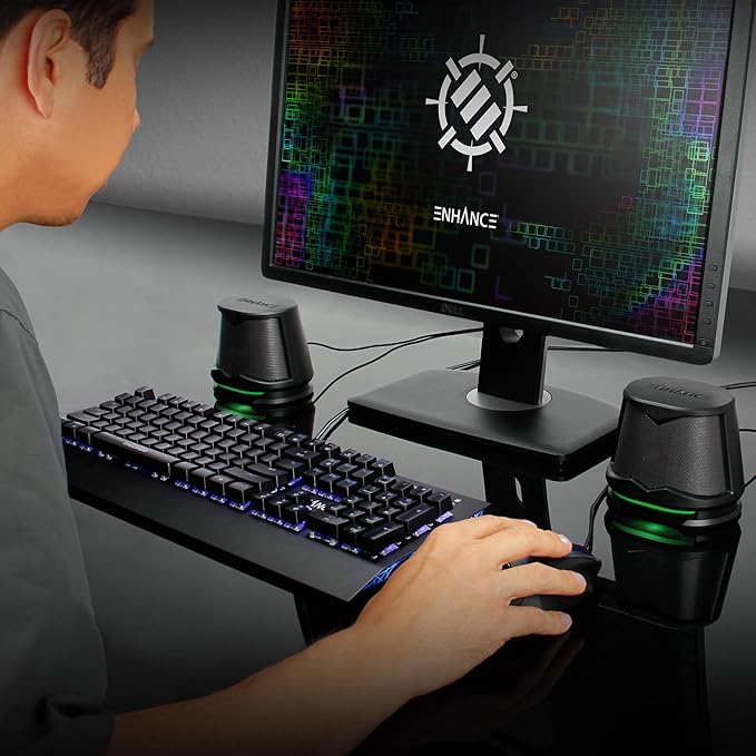 ENHANCE SB2 USB Computer Speakers 2.0 Stereo with Green LED Lighting 10W Peak High Excursion Drivers 3.5 mm Aux in Line Volume and Light Switch PC Laptop Desktop
