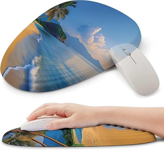 Ergonomic Mouse Pad with Wrist Support Memory Foam Wrist Rest for Pain Relief &amp Carpal Tunnel Non-Slip Base for Office Computer PC Laptop (12x8x1.2inch Yellow Beach)