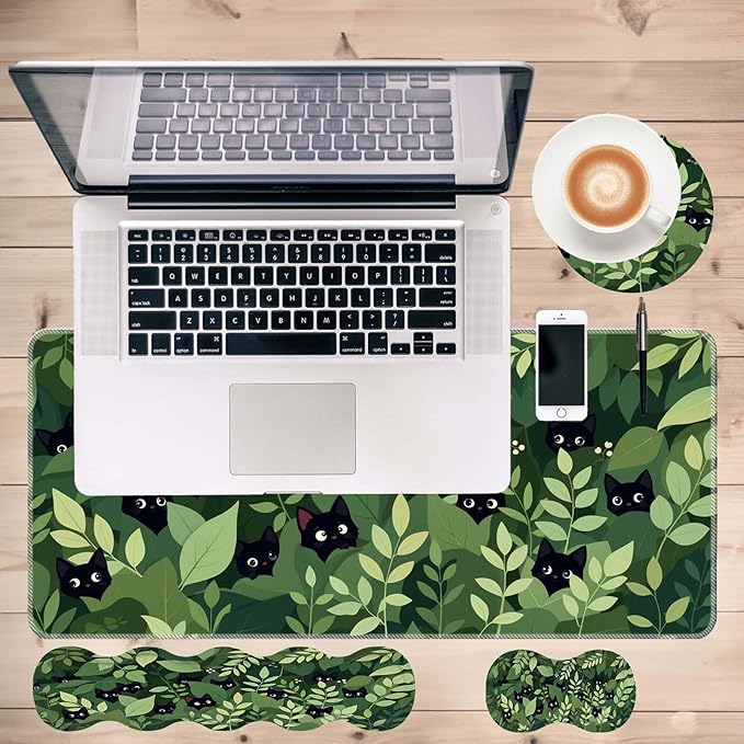 Keyboard Mouse Pad SetLarge Desk Pad+Keyboard Wrist Rest+Mouse Wrist Support+CoasterEasy Typing Pain Relief Non-Slip Wrist Support Mousepad Set Home OfficeBlack Cats in The Leaves