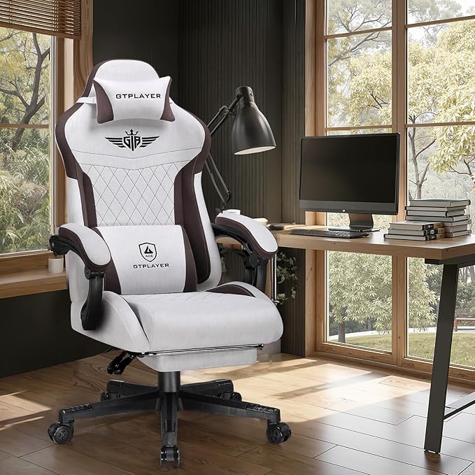 GTPLAYER Gaming Chair with Footrest Big and Tall Game Chair High Back Computer Office Chair with Lumbar Support for Adults Ergonomic Swivel Games Chair with Cushion Gaming Fabric Brown