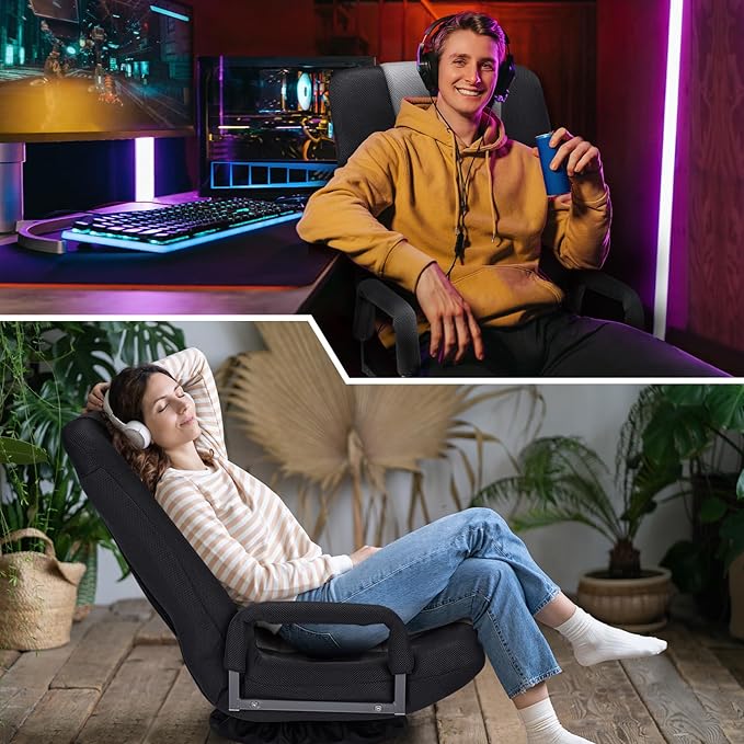 Swivel Gaming Chair Multipurpose Floor Gaming Chair for Playing Video Games TV Reading w/Armrest Lumbar Support &amp 6 Adjustable Postion Backrest for AdultsGrey