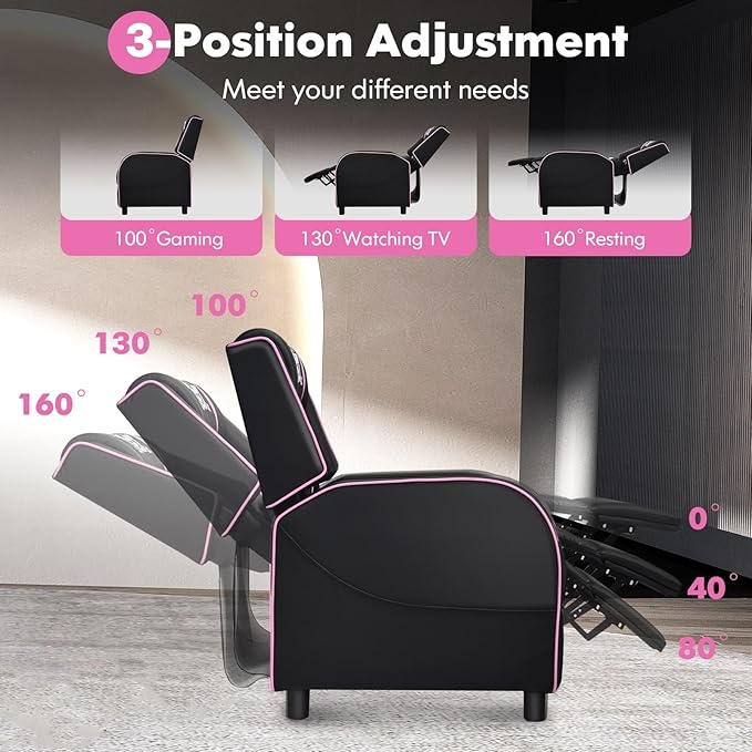 GYMAX Gaming Recliner Massage Gaming Chair w/Adjustable Footrest Remote Control &amp Side Pocket Ergonomic Game Lounge Chair Racing Style Single Theater Seat Game Sofa for Adults (Pink)