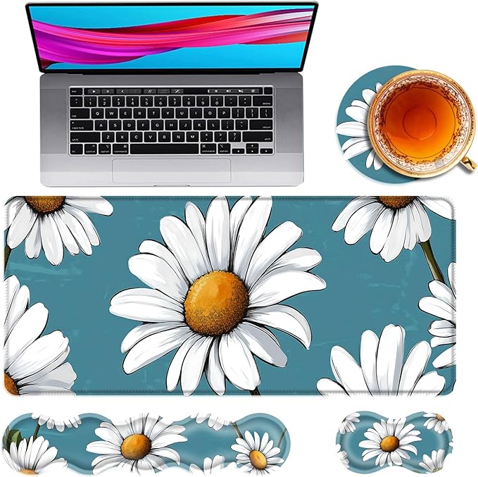 Large Mouse Pad and Keyboard Wrist Rest Desk Pad for Keyboard and Mouse 4-in-1 Large Gaming Mouse Pad with Wrist Support Desk Mat for Home Office Study GameDaisy Flower