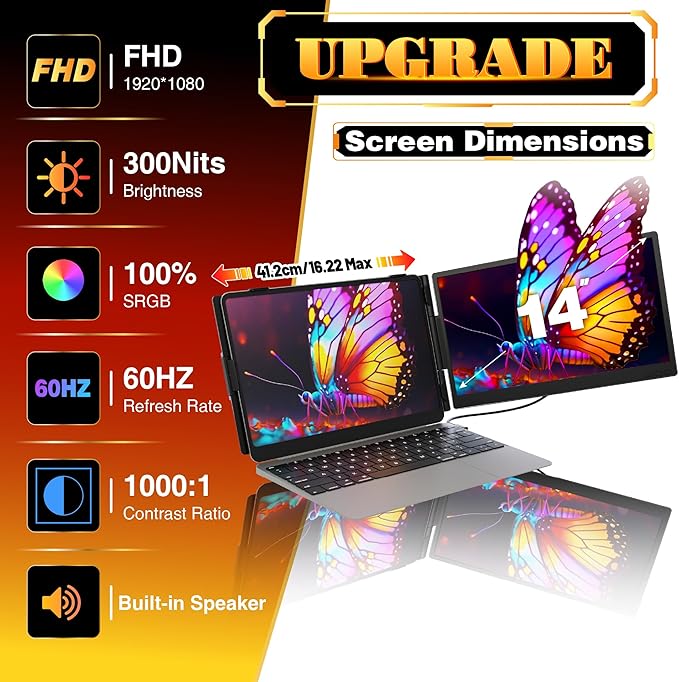 Laptop Screen Extender 0.27 Ultra-Thin 14 FHD 1080P IPS Lightweight Dual Portable Monitor USB-C/HDMI Plug &amp Play for 13-17 Laptops Travel screen compatible with Windows/Mac/Chrome/Switch/And