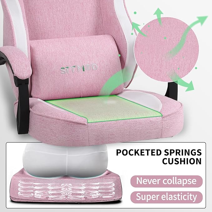 Gaming Chair Fabric with Pocket Spring CushionErgonomic Computer Office Chair Cloth with Footrest and HeadrestHigh Back Game Chair with Lumbar SupportAdjustable Backrest for AdultsPink