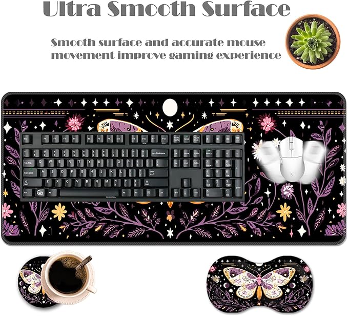 Ergonomic Keyboard Wrist Rest &amp Mouse Pad Wrist Rest SetXL Gaming Desk Mat 31.5x 11.8Non-Slip BaseMemory FoamEasy Typing Pain Relief for Office &amp HomePurple Floral Moth