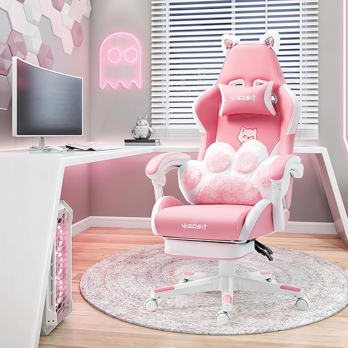 Pink Cat Ear Gaming Chair with Footrest - Cute Gaming Chair for Girls 310lbs Capacity Adjustable Height &amp Lumbar Support Ergonomic Computer Chair for Teens