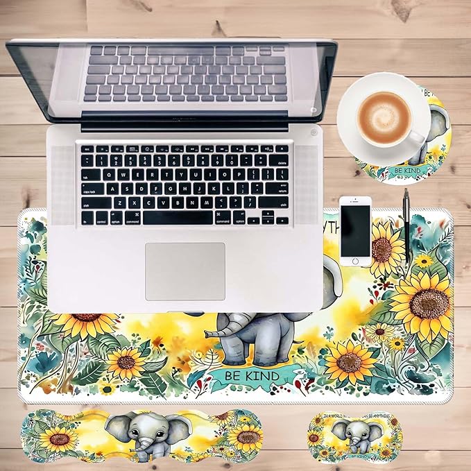 Keyboard Mouse Pad SetLarge Desk Pad+Keyboard Wrist Rest+Mouse Pad Wrist Support+CoasterEasy Typing Pain Relief Non-Slip Mousepad Wrist Support Mousepad Set Home OfficeSunflower Elephant