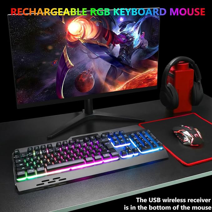Wireless RGB Gaming Keyboard and Mouse - Rechargeable BacklitLong Battery LifeMetal Panel Mechanical Feel with Palm Rest7 Color Gaming Mouse and Mouse Pad for Game and Work