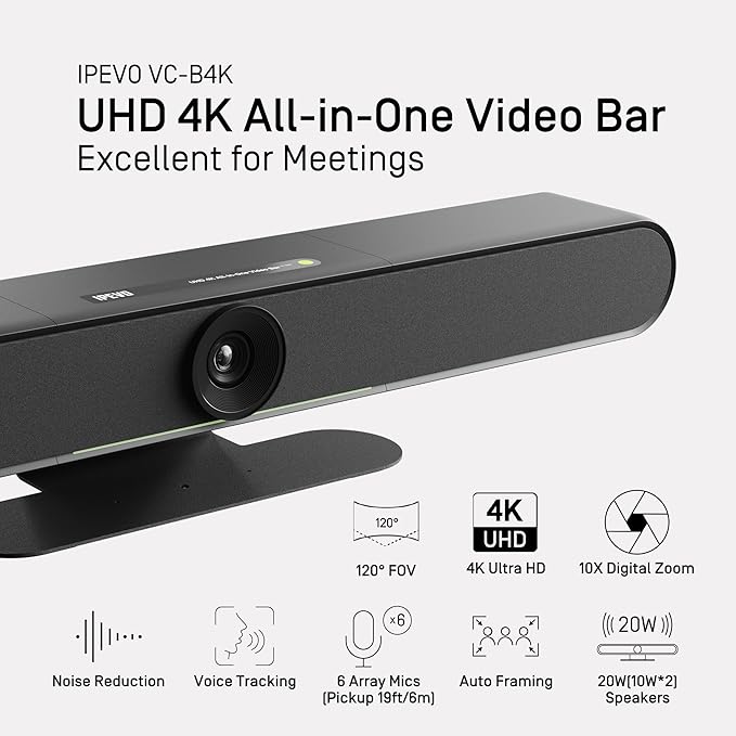 IPEVO VC-B4K UHD 4K Video and Audio Conference Room Camera System All-in-One Video Bar Voice Detection and Auto Framing 6 MEMS Mic/20W(2x10W) speakers/120°FOV Smartphone/Laptop/Tablet - Black
