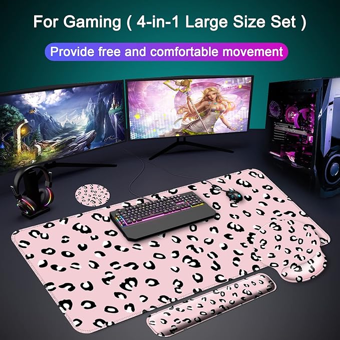 Mouse Pad + Desk Mat + Keyboard Wrist Rest + Coaster 4 in 1 Set Cute Ergonomic Large Gaming Mousepad with Wrist Rest Support Desk Pad for Computer Laptop Office Home Decor-Pink Leopards