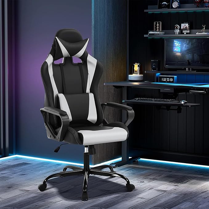 Gaming Chair ﻿White Ergonomic High Back Video Game Chairs Racing Style with Lumbar Support Headrest &amp Arms Gaming Chair for Adult Kids Heavy Duty Swivel Computer Chair for Office