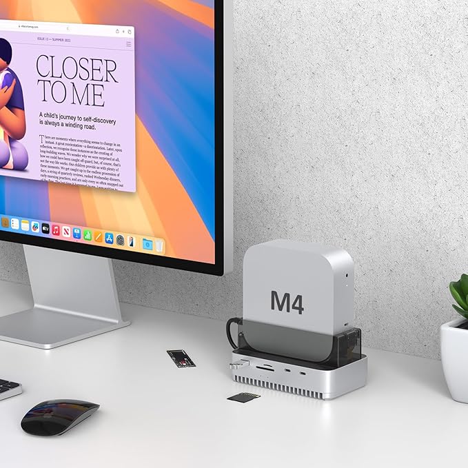 Qwiizlab 40Gbps Mac mini M4/M4 Pro Stand Hub with NVMe SSD Enclosure Docking Station with USB-C 10Gbps USB-A 10Gbps TF/SD 4.0 Card Readers 312MB/s USB-A 2.0 Fits M.2 PCIe up to 8TB