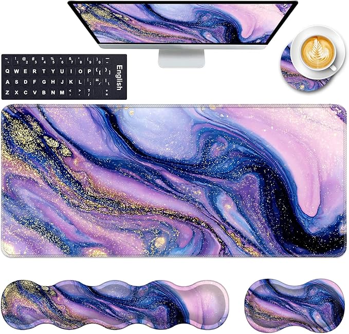 Keyboard Wrist Rest and Mouse Pad with Wrist Support Set Ergonomic CoasterMemory FoamEasy Typing Pain ReliefLarge XL Desk Mat 31.5x 11.8Purple Marble