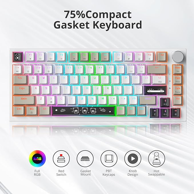 75% Wired Creamy Keyboard Hot Swappable Mechanical Gaming Keyboard with Gasket Mounted RGB Backlit Red Switch Knob Control for Win Pc Laptop(82Grey)