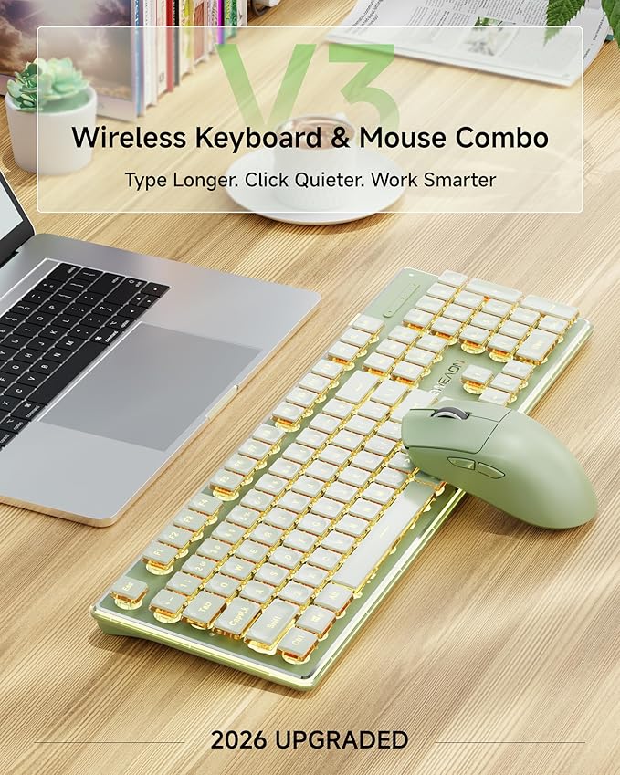 V3 Wireless Keyboard and Mouse Combo Bluetooth/2.4G Rechargeable Light up Quiet Computer Keyboard and Mouse with White Backlit Metal Panel Cute Keyboards-Green