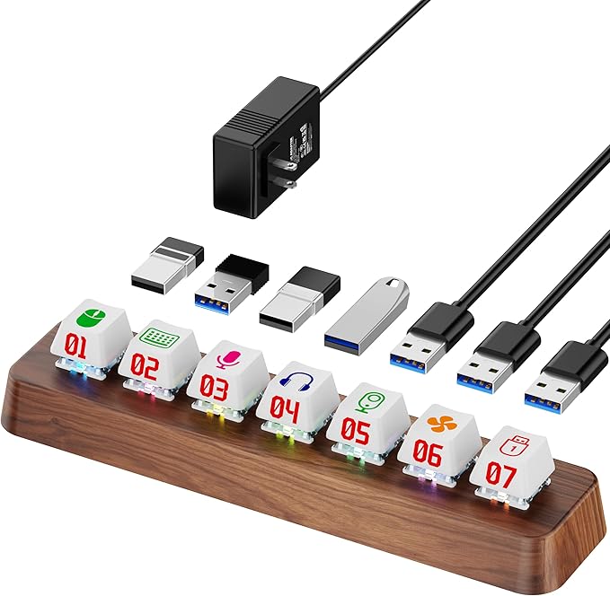 7-Port USB 3.0 Powered Hub RGB Lighting Hot-Swappable Cherry MX Switch Support 5Gbps Speed Includes 12V/2A Power Adapter Walnut Wood Cyberpunk USB Dock-FU0736