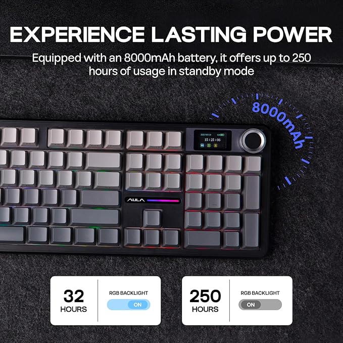 EPOMAKER X Aula F108 PRO Wireless Gaming Keyboard with Screen 8000mAh Battery 104 Hot-Swappable and Programmable Keys and Knob RGB Backlight for Mac/PC/Android (Black Gradient)