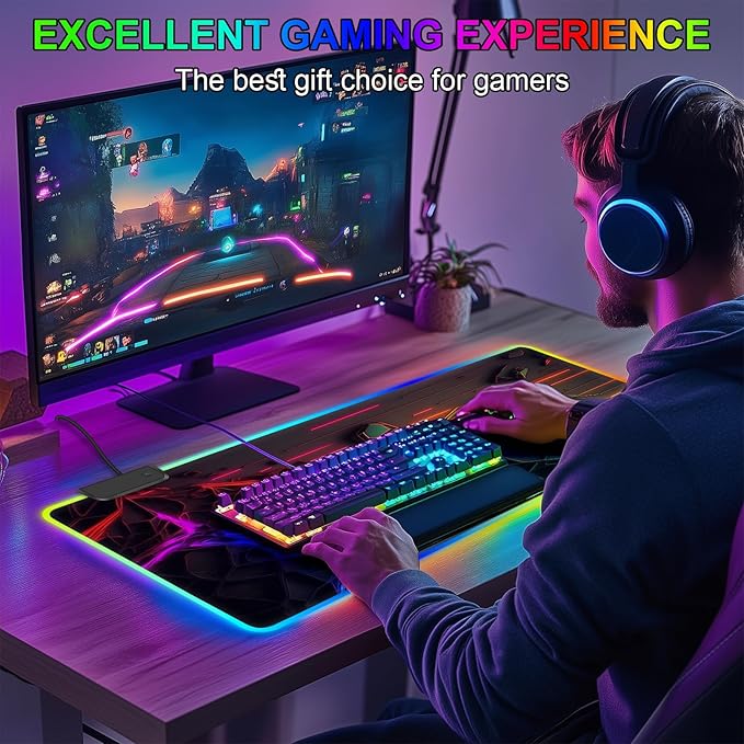 RGB Mouse Pad Gaming Mousepad Large Desk Pad with LED Light 13 Light Modes Touch Control Extended Soft Computer Keyboard Mat Pad with Non-Slip Rubber Base Desk Mat for Office &amp Home(31.5X11.8)