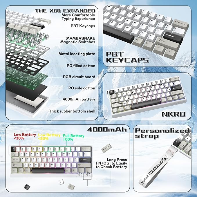 MAMBASNAKE X60 HE 60% Rapid Trigger Wireless Gaming KeyboardHall Effect Magnetic SwitchesAdjustable Actuation0.1ms Ultra-Low Latency 8KHz Polling Rate3-Mode RGBPBT Keycaps for Win/Mac-Star White