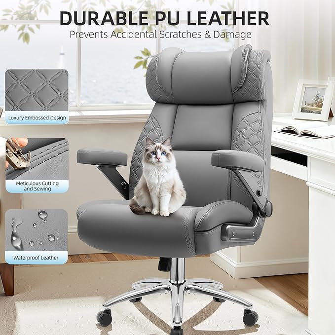 Office Chair 5D Flip Arm Ergonomic Desk Chair with Adjustable Lumbar Support for Back Pain Extra Wide 500LBS Comfy Big and Tall Office Chair Executive Leather Computer Game Chair for Heavy People
