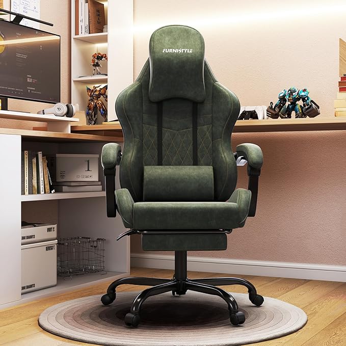 Gaming Chair Big and Tall Green Leather Video Game Chairs with Footrest Padded Linkage Armrests &amp Large Headrest Ergonomic Computer Chair 350lbs for Adults Gaming or Office Use