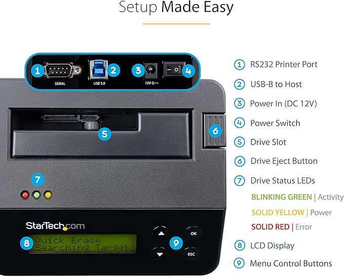 StarTech.com Single Bay SSD/HDD Hard Drive Eraser 2.5/3.5 SATA Hostless Standalone Secure Erase Disk Sanitizer Hardware Wiper Erasing Tool 9 Modes Printer Port NIST/DOD LCD TAA (SDOCK1EU3P)
