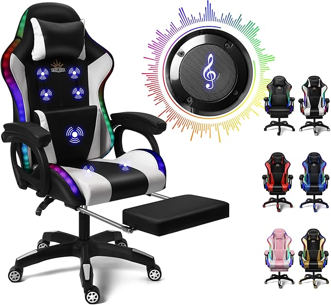 Gaming Chair with LED Lights and Speakers Ergonomic Pro Video Game Chair with Massage and Footrest for Adults Teens and Kids - Perfect for Gaming Office and Working. (Black + White)