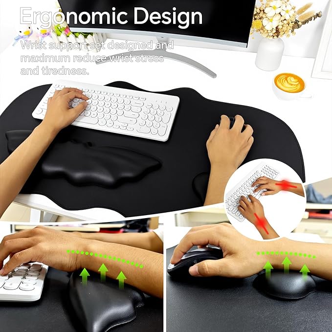 Bat Mouse Pad PU Leather Mousepad 3 in 1 Keyboard Wrist Rest and Mouse Wrist Rest Ergonomic Bat Wrist Rest Waterproof Leather Surface Easy Typing Cushion with Memory Foam for Home Office